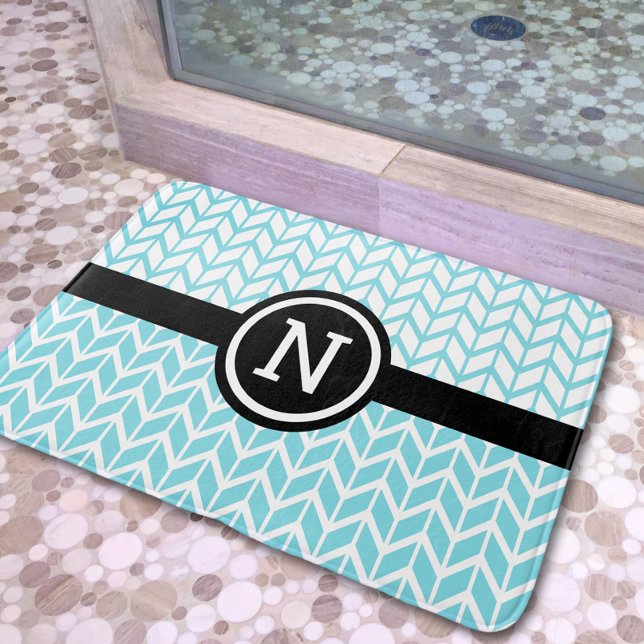 Monogram Turquoise Blue White Chevron Pattern Bold Bath Mat (Creator Uploaded)