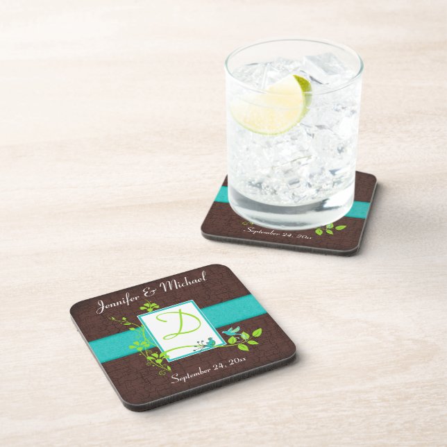 Monogram Turquoise Brown Green Coaster Set (6) (Right Side)