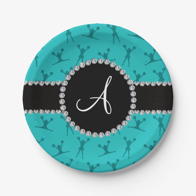 Monogram turquoise cheerleading black circle paper plates (Front)