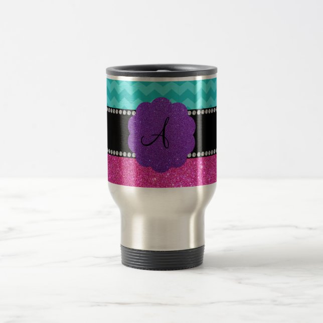 Monogram turquoise chevrons pink glitter travel mug (Center)
