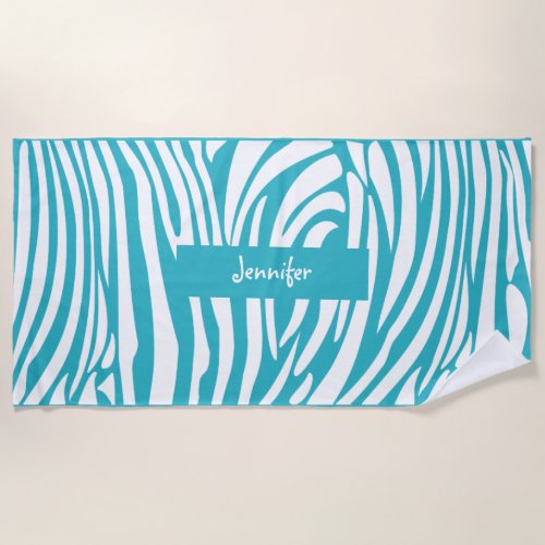 Monogram Turquoise Color Striped Zebra Pattern Beach Towel