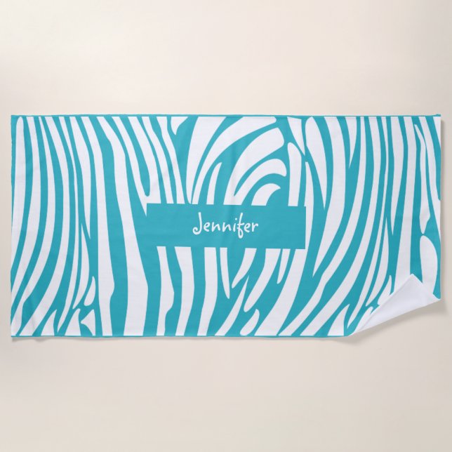 Monogram Turquoise Color Striped Zebra Pattern Beach Towel (Front)