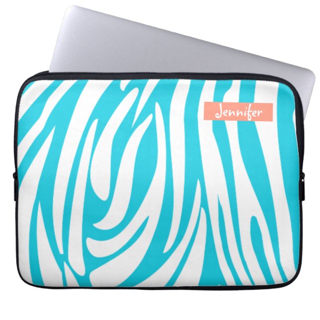 Monogram Turquoise Color Striped Zebra Pattern Laptop Sleeve (Front)