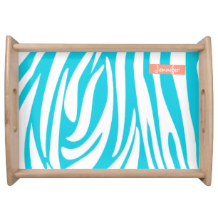 Monogram Turquoise Color Striped Zebra Pattern Serving Tray