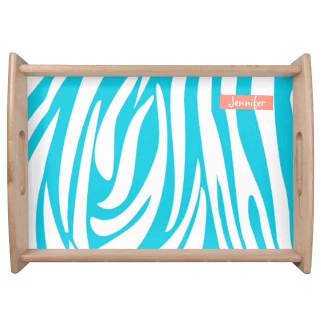 Monogram Turquoise Color Striped Zebra Pattern Serving Tray (Front)