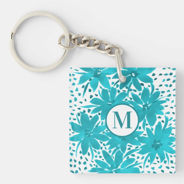 Monogram Turquoise Daisy Watercolor Bouquet        Keychain (Front)