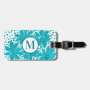 Monogram Turquoise Daisy Watercolor Bouquet Luggage Tag