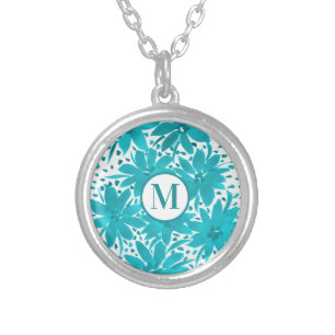 Monogram Turquoise Daisy Watercolor Bouquet        Silver Plated Necklace