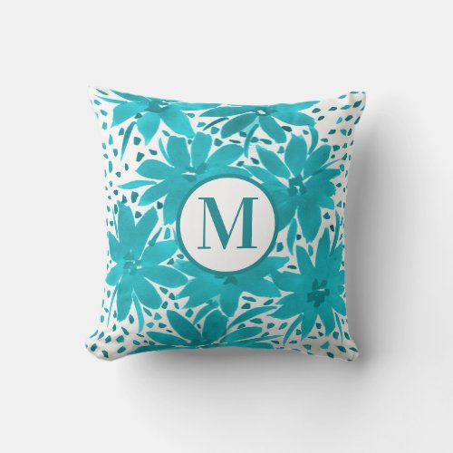 Monogram Turquoise Daisy Watercolor Bouquet        Throw Pillow