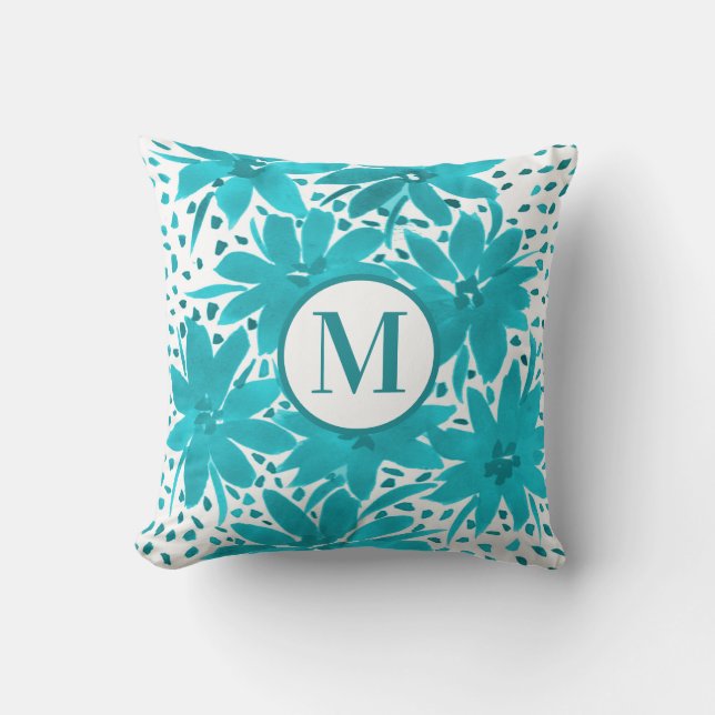 Monogram Turquoise Daisy Watercolor Bouquet        Throw Pillow (Front)