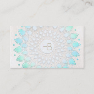 Monogram Turquoise Floral Lotus White Marble Business Card