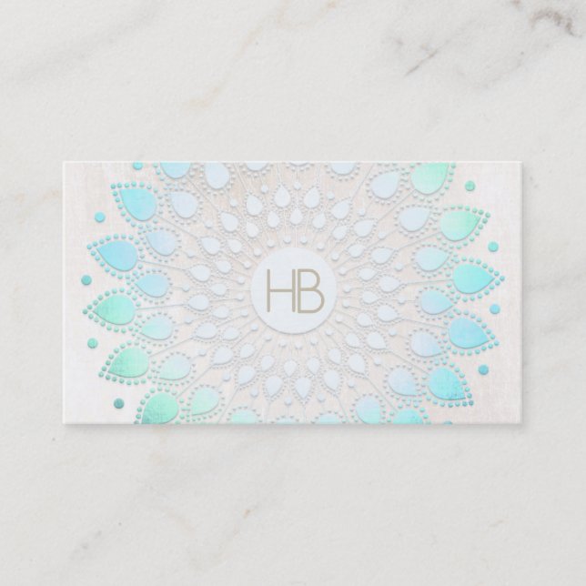 Monogram Turquoise Floral Lotus White Marble Business Card (Front)