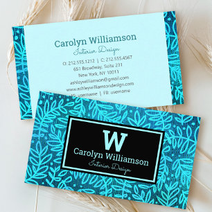 Monogram turquoise foliage leaf pattern modern business card