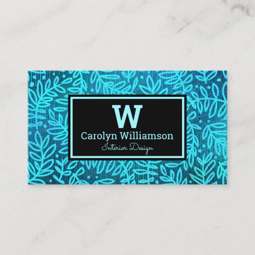 Monogram turquoise foliage leaves pattern modern business card