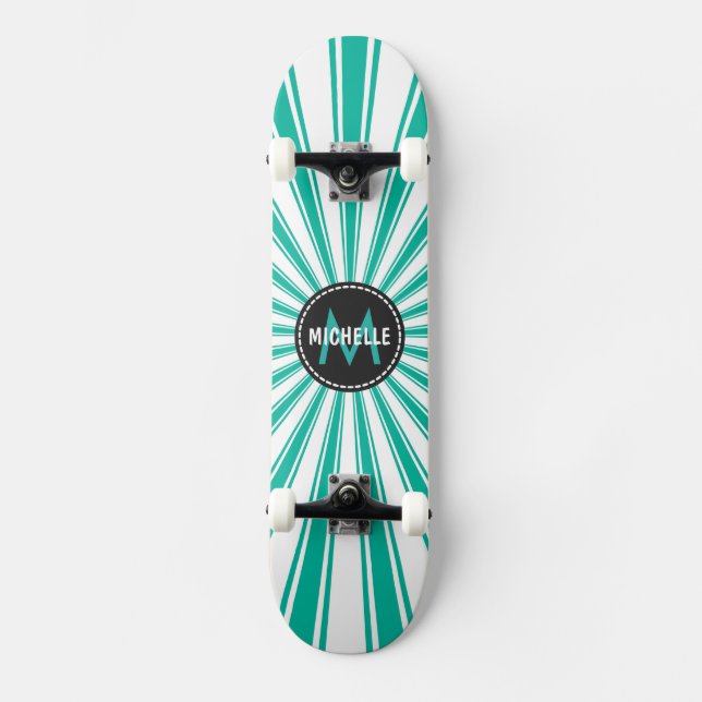 Monogram Turquoise Funky Sun Rays Pattern Skateboard Deck (Front)