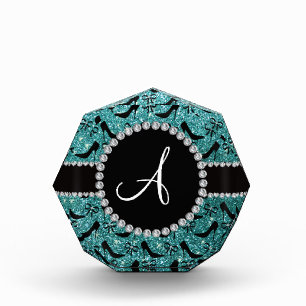 Monogram turquoise glitter black high heels bow award