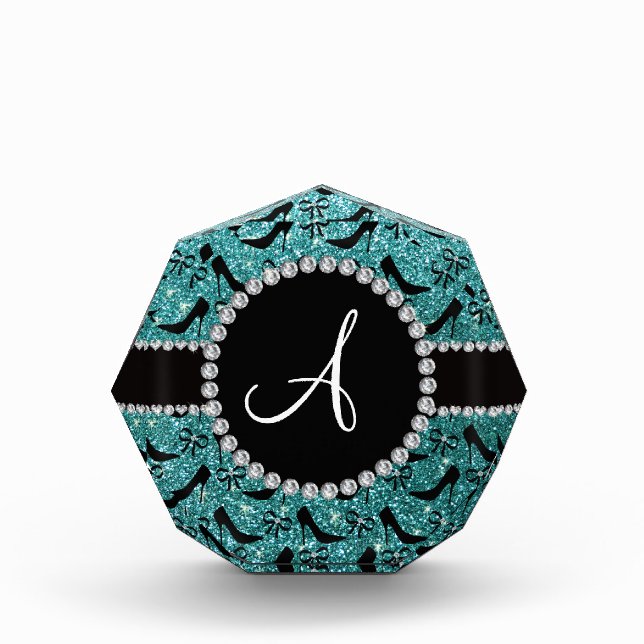 Monogram turquoise glitter black high heels bow award (Front)