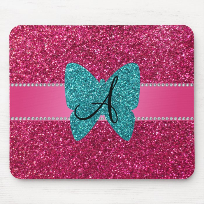 Monogram turquoise glitter butterfly pink mouse pad