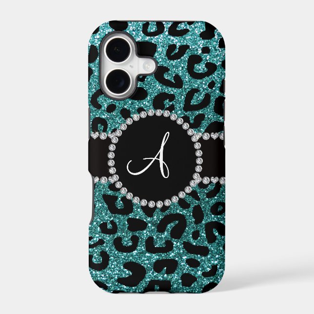 Monogram turquoise glitter cheetah pattern iphone case (Back)