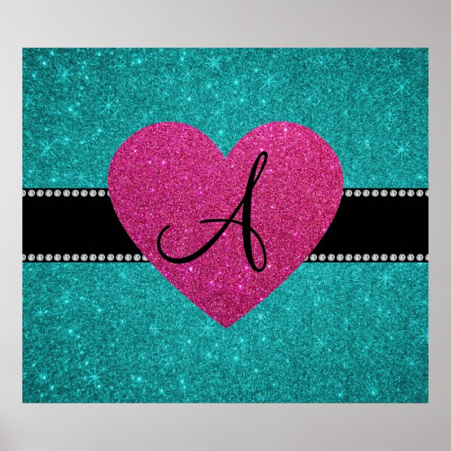 Monogram turquoise glitter pink heart poster (Front)