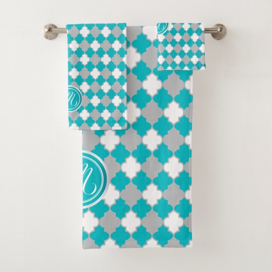 Monogram Turquoise, Gray and White Quatrefoil Bath Towel Set