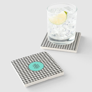 Monogram Turquoise Houndstooth Marble Stone Coaster
