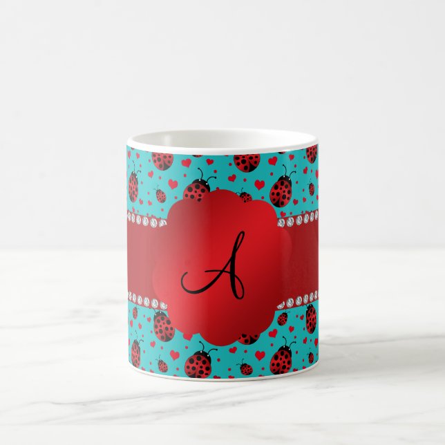 Monogram turquoise ladybugs hearts pattern coffee mug (Center)