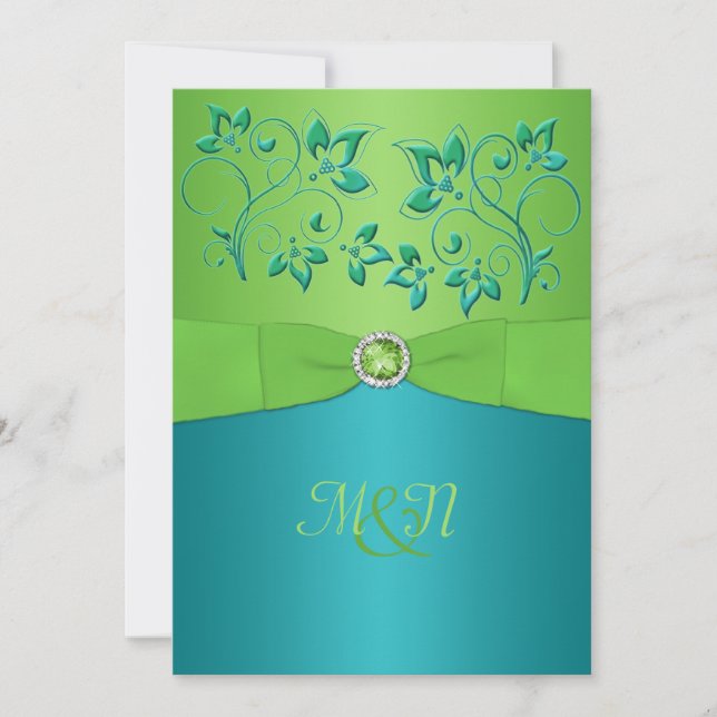 Monogram Turquoise, Lime Floral Wedding Invitate Invitation (Front)