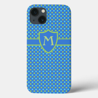 Monogram Turquoise, Neon Green Polka Dots on Blue iPhone 13 Case