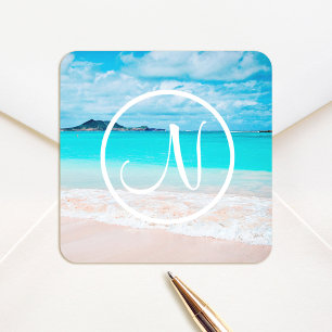 Monogram turquoise ocean sandy beach photography square sticker