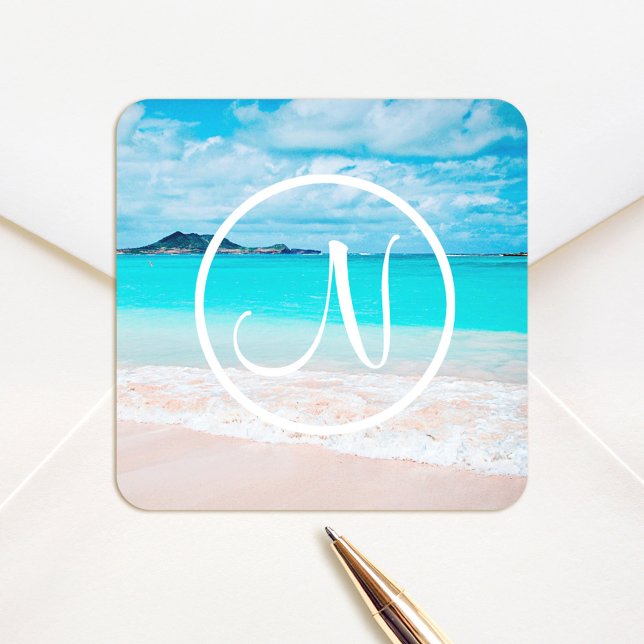 Monogram turquoise ocean sandy beach photography square sticker (Creator Uploaded)