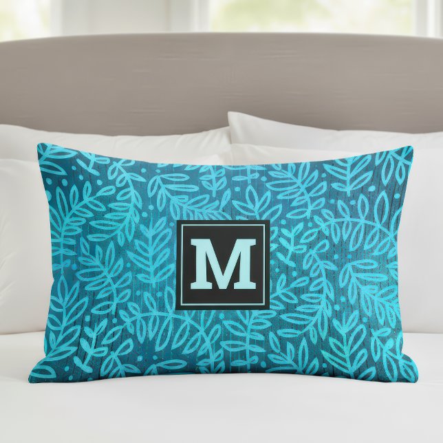Monogram turquoise ombre leaf pattern bold modern pillow case (Creator Uploaded)