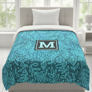 Monogram turquoise ombre leaf pattern modern bold duvet cover