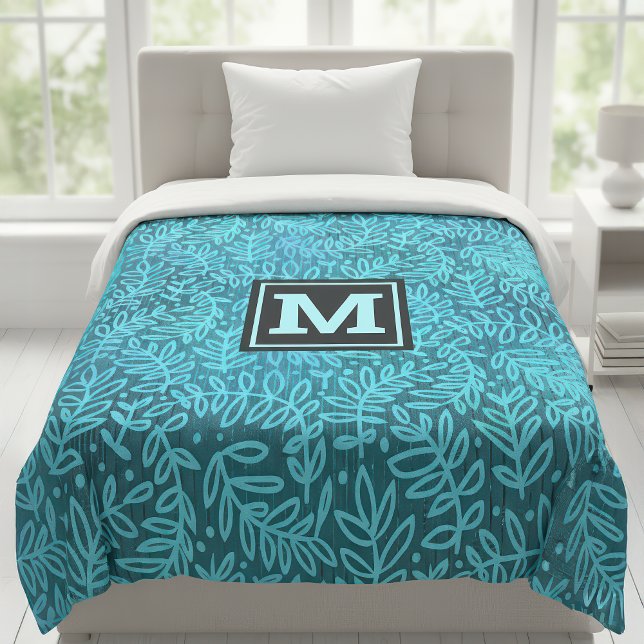 Monogram turquoise ombre leaf pattern modern bold duvet cover (Creator Uploaded)