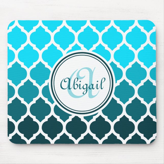 Monogram Turquoise Ombre Moroccan Lattice Pattern Mouse Pad (Front)