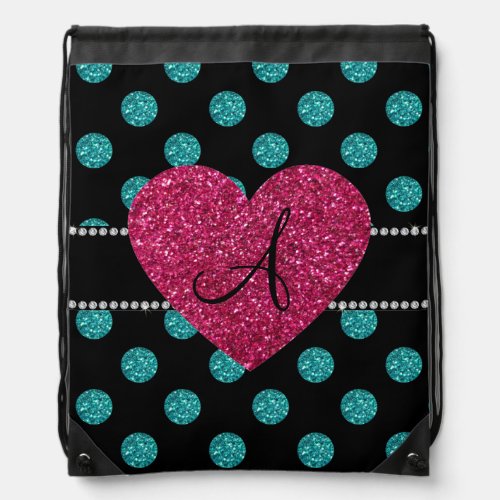 Monogram turquoise polka dots pink heart drawstring bag