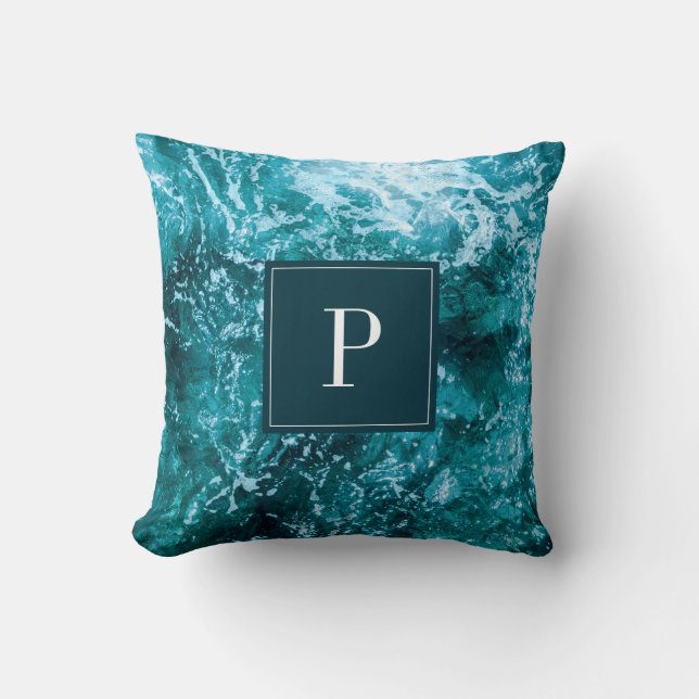 Monogram Turquoise Sea Waves Name Personalized Throw Pillow (Front)