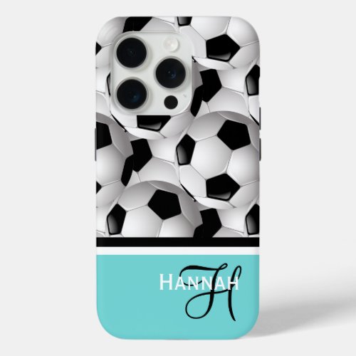 Monogram Turquoise Soccer Ball Pattern iPhone 15 Pro Case