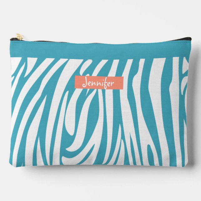 Monogram Turquoise Striped Zebra Pattern Trendy Accessory Pouch (Front)