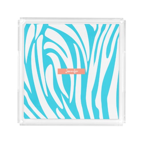 Monogram Turquoise Striped Zebra Pattern Trendy Acrylic Tray
