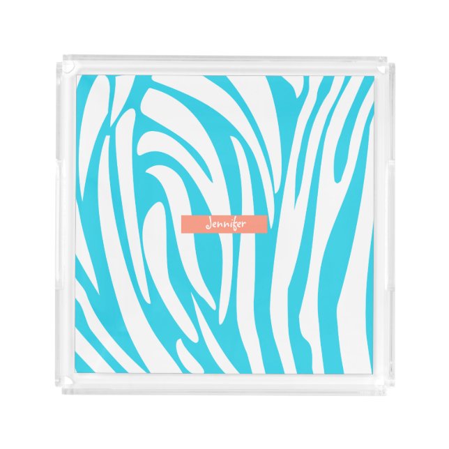 Monogram Turquoise Striped Zebra Pattern Trendy Acrylic Tray (Front)