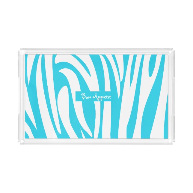 Monogram Turquoise Striped Zebra Pattern Trendy Acrylic Tray (Small)