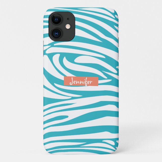 Monogram Turquoise Striped Zebra Pattern Trendy Case-Mate iPhone Case (Back)