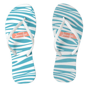 Monogram Turquoise Striped Zebra Pattern Trendy Flip Flops