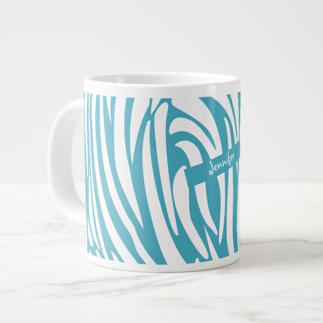 Monogram Turquoise Striped Zebra Pattern Trendy Giant Coffee Mug (Front Left)