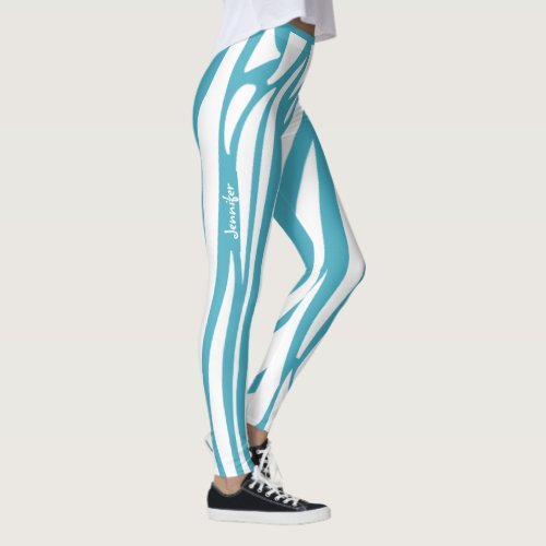 Monogram Turquoise Striped Zebra Pattern Trendy Leggings