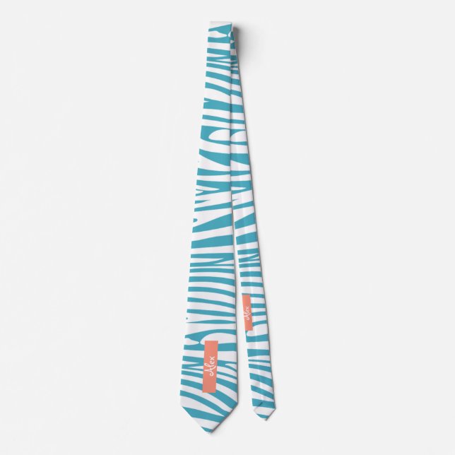 Monogram Turquoise Striped Zebra Pattern Trendy Neck Tie (Front)