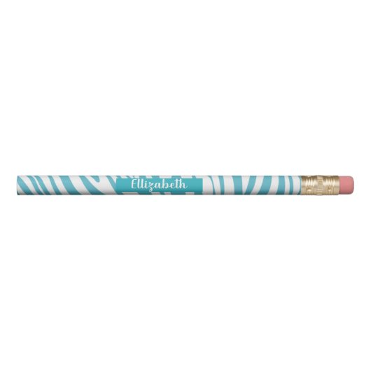 Monogram Turquoise Striped Zebra Pattern Trendy Pencil (Front)