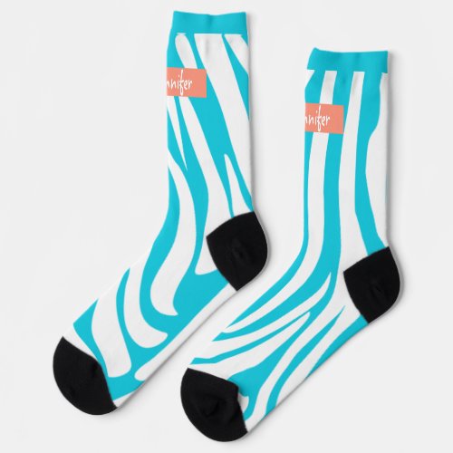 Monogram Turquoise Striped Zebra Pattern Trendy Socks
