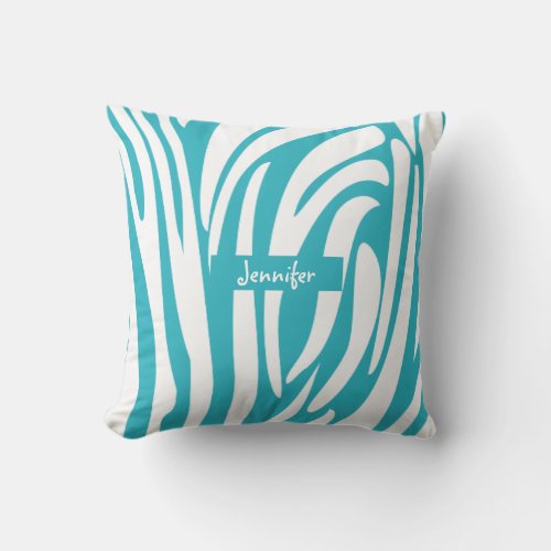 Monogram Turquoise Striped Zebra Pattern Trendy Throw Pillow